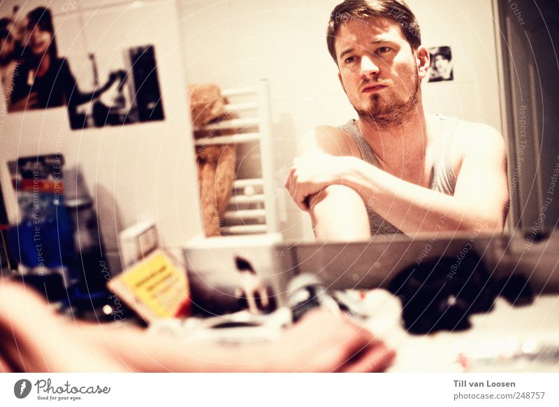 selftitled Man Bathroom Facial hair Short haircut Brown White Mirror Undershirt Earnest Shallow depth of field Colour photo Artificial light Portrait photograph