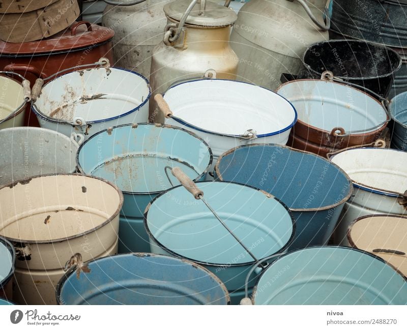 many part colorful tin buckets at the flea market Milk Style Adventure Agriculture Forestry Plant Meadow Field Berlin Flea market Bucket Milk churn