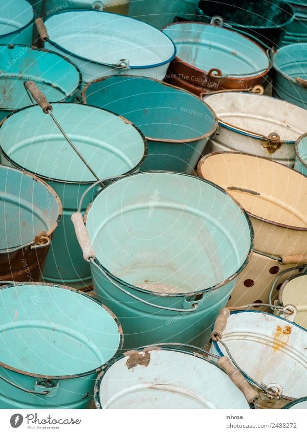 many colorful buckets Style Flea market Kitsch Odds and ends Collector's item Bucket Rust Water Old Discover Fluid Uniqueness Blue Turquoise White Equal