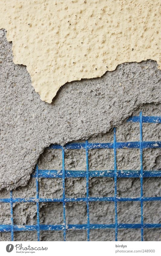 construction defects Craft (trade) Construction site Wall (barrier) Wall (building) Broken Blue Yellow Gray Decline Destruction Plaster Paintwork Cloth