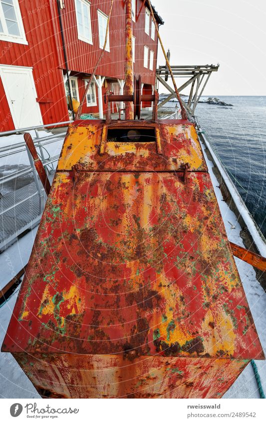 Fishing devices-red cottage or rorbu. A i Lofoten-Norway-0338 Seafood Leisure and hobbies Fishing (Angle) Tourism Cruise Ocean Island Winter Snow