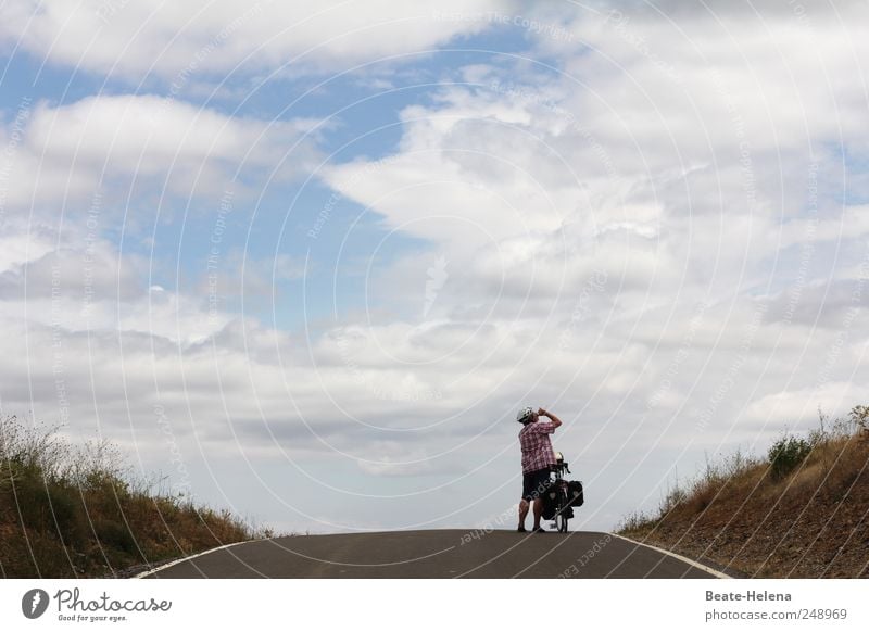 At the top Cycling Masculine 1 Human being Landscape Beautiful weather Street Bicycle Helmet Movement Strong Blue Gray Joy Power Disciplined Endurance Adventure