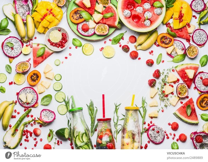 Fruit, berries and drinks frame Food Apple Orange Nutrition Breakfast Organic produce Vegetarian diet Diet Beverage Drinking water Lemonade Juice Plate Bottle