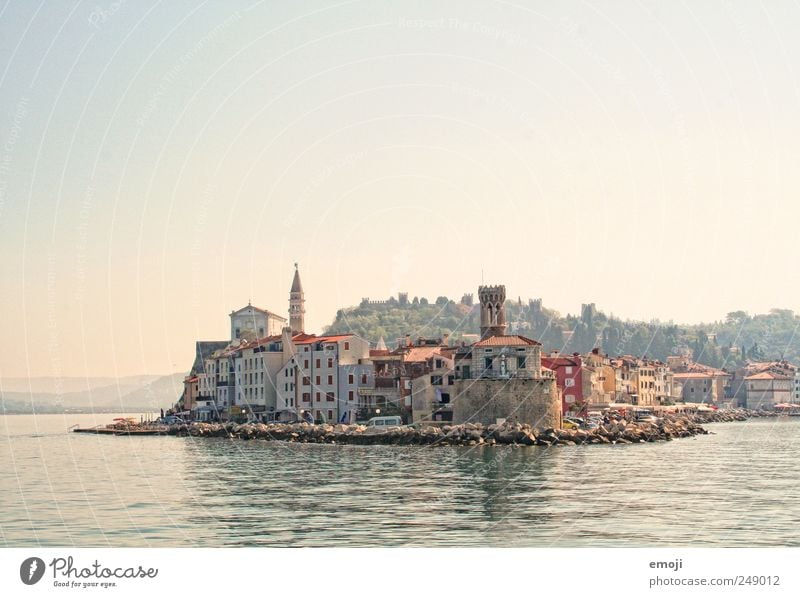 Slovenia Village Fishing village Small Town Outskirts House (Residential Structure) Old Ocean Body of water Water Sky Cloudless sky Beautiful weather Summer