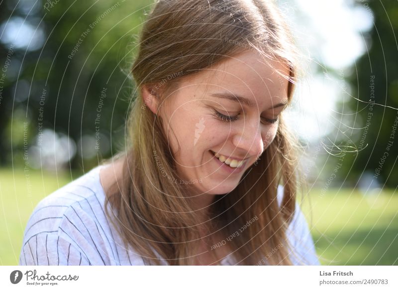 smile, look down, in the greenery Vacation & Travel Young woman Youth (Young adults) 1 Human being 18 - 30 years Adults Nature Spring Summer Hair and hairstyles