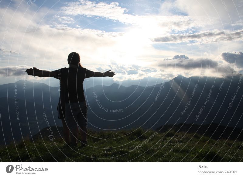 Just a minute. Human being Couple Partner 2 Sky Clouds Sunlight To enjoy Stand Embrace Free Happy Joie de vivre (Vitality) Sympathy Friendship Together