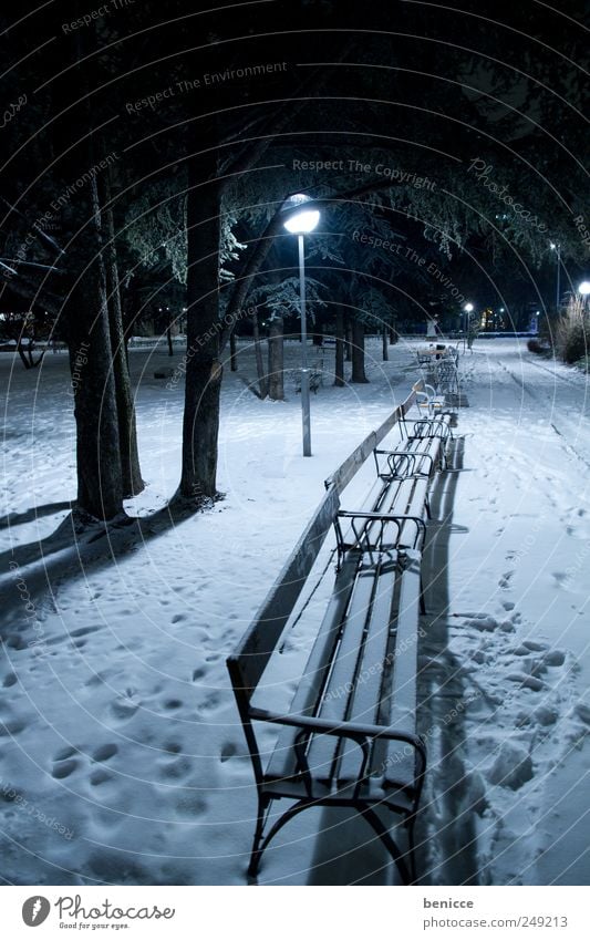 brr Park Park bench Winter Landscape Snow Footprint Deserted forsake sb./sth. Night Evening Lantern Street lighting Light Lamp