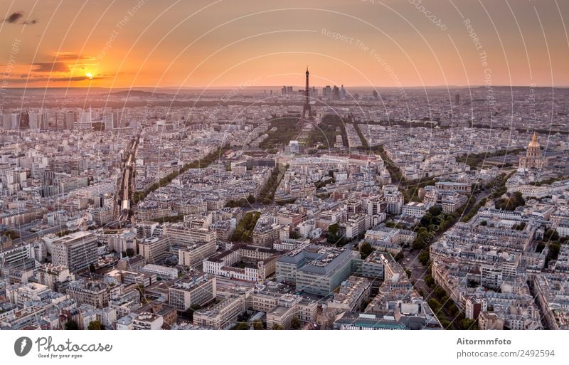 Drone shot of Paris at golden sunset Vacation & Travel Tourism Trip Sightseeing City trip Sun Culture Landscape Sunrise Sunset Skyline Building Architecture