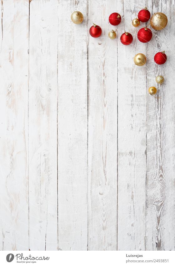 red and golden christmas balls on white wood Christmas & Advent To enjoy Yellow Gold Red White Wood Background picture Colour photo Interior shot Studio shot