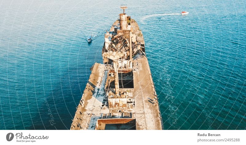 Aerial Drone View Of Old Shipwreck Ghost Ship Vessel Environment Nature Landscape Waves Ocean Transport Navigation Cruise Passenger ship Cruise liner Steamer