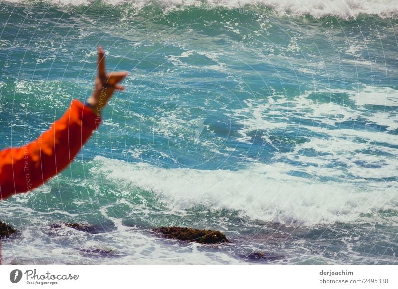 Attention indicates a raised hand with a red sleeve. She is standing by the sea. Below come the waves. Trip Beach Swimming & Bathing Young woman