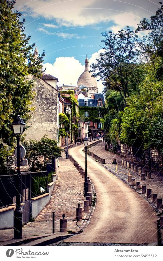 View of old street in Montmartre in Paris, France Vacation & Travel Tourism Summer Sky Tree Town Building Architecture Street Old Bright Historic Green