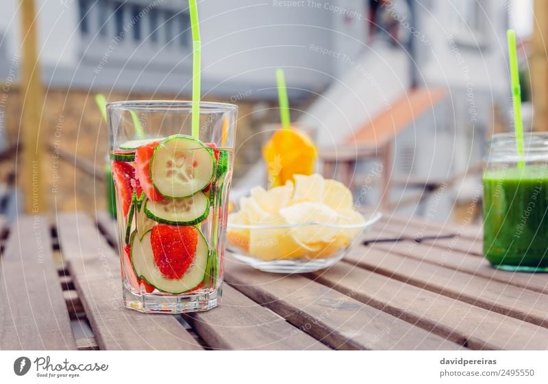 Infused fruit water cocktails and green vegetable smoothies Vegetable Fruit Nutrition Diet Beverage Juice Tea Summer Table Nature Wood Cool (slang) Fresh