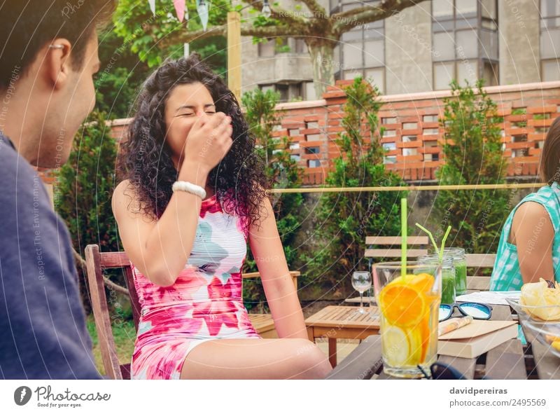 Young woman laughing with friend in a summer day Vegetable Fruit Beverage Lifestyle Joy Happy Beautiful Leisure and hobbies Vacation & Travel Summer Garden