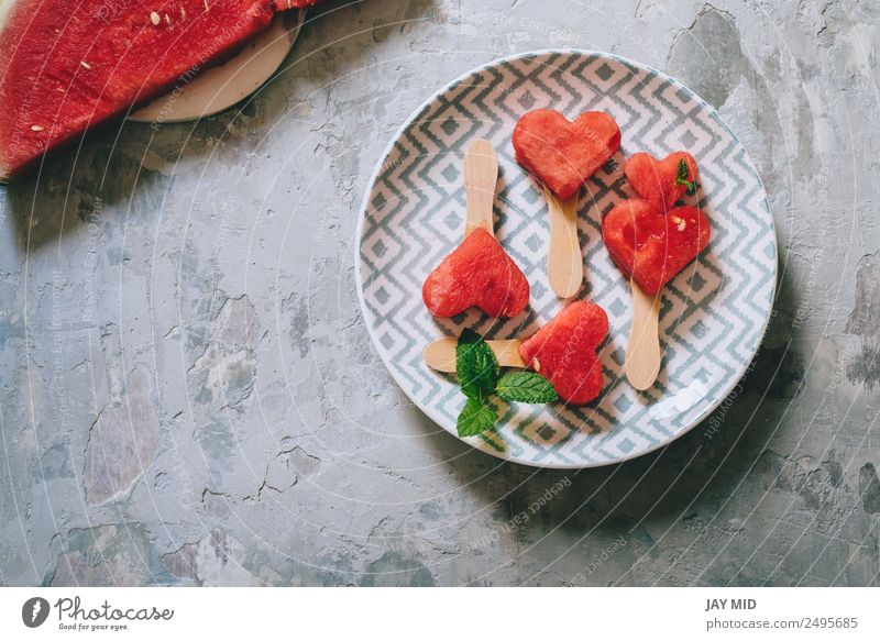 Heart-shaped slices of watermelon Fruit Breakfast Plate Summer Table Feasts & Celebrations Love Fresh Juicy Red Water melon healthy Tasty stick appetizing