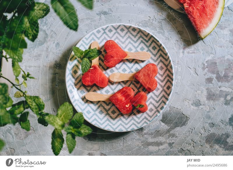 Heart-shaped slices of watermelon Fruit Breakfast Plate Summer Table Feasts & Celebrations Love Fresh Juicy Red Water melon healthy Tasty stick appetizing