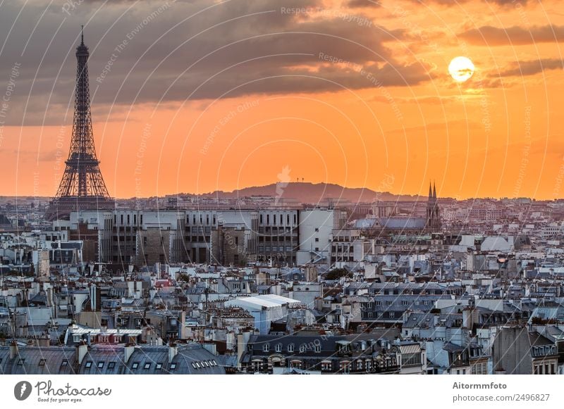 View of Paris with Eiffel tower silhouette at sunset Vacation & Travel Tourism Culture Landscape Sky Horizon Skyline Architecture Aircraft Historic Colour