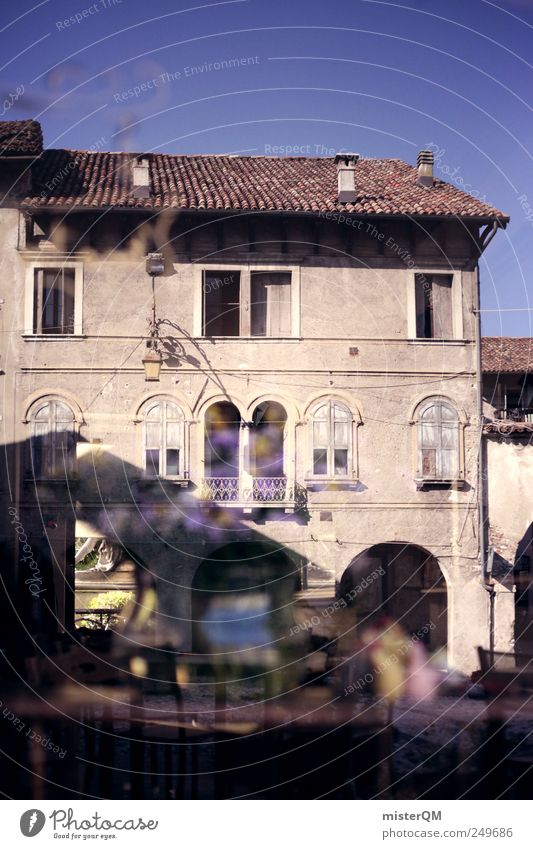 Café in Feltre. Art Esthetic Reflection Window Window pane Sidewalk café Italy Italian Village Facade Summer Summer vacation Photos of everyday life Decent