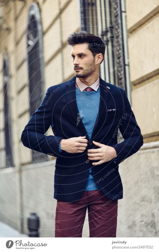 Attractive man in the street wearing british elegant suit Lifestyle Elegant Style Beautiful Hair and hairstyles Business Human being Masculine Young man