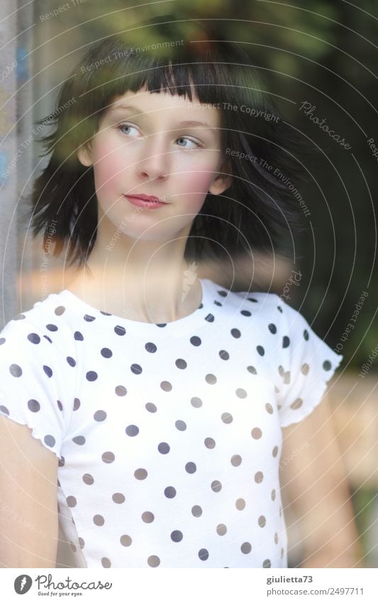 At the window | Portrait of a young woman behind a window pane Feminine Young woman Youth (Young adults) Life 1 Human being 13 - 18 years Black-haired