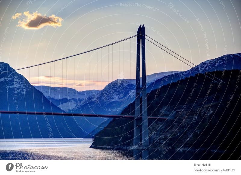 Norwegian morning mood Landscape Water Sky Clouds Horizon Rock Mountain Fjord Bridge Pylon Cruise Gigantic Infinity Moody Wanderlust Adventure Loneliness