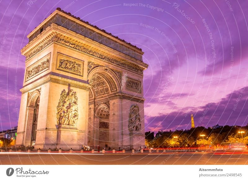 Arc de triomphe at sunset with violet sky Vacation & Travel Tourism Sightseeing Culture Landscape Architecture Monument Street Dark Historic arc Arc de Triomphe