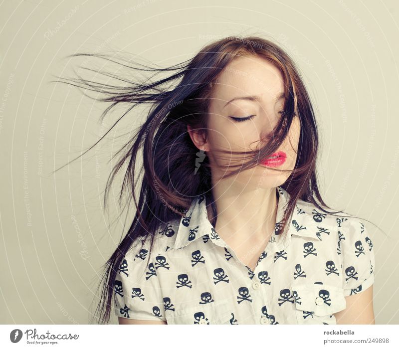 Woman with dark hair in the wind Feminine Young woman Youth (Young adults) 1 Human being 18 - 30 years Adults Shirt Black-haired Brunette Long-haired Esthetic