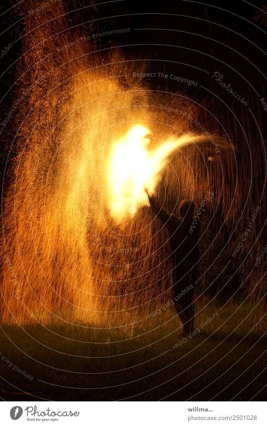 shower of sparks Fire Human being Threat Hot Spark Burn Blaze Erase Colour photo Night shower of fire