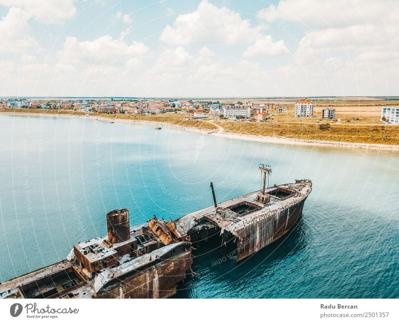 Aerial Drone View Of Old Shipwreck Ghost Ship Vessel Watercraft shipwrecked Beach Wreck Ocean abandoned Vacation & Travel Landscape Tourism Go under sunken