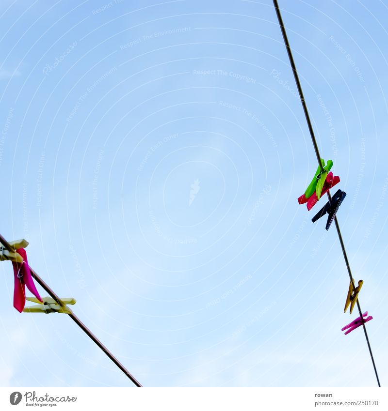 clothesline Sky Cloudless sky Multicoloured Rope Laundry Clothesline Clothes peg Row Plastic Dry Colour photo Exterior shot Deserted Copy Space left