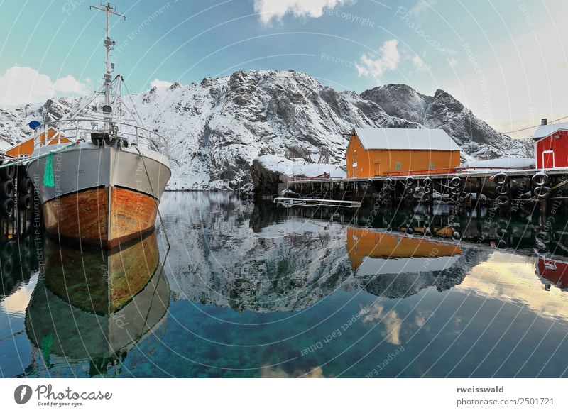 Boat moored-snowy Nusfjord fishing village-Lofoten-Norway-0494 Fish Seafood Leisure and hobbies Fishing (Angle) Vacation & Travel Tourism Sun Snow