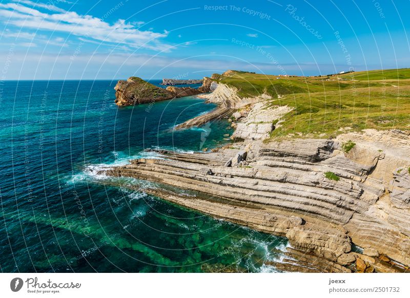 Rocky cliffs with green meadows and blue sky steep coast Wide angle Deep depth of field Nature Exterior shot steep slope Beautiful weather Landscape Waves Sky