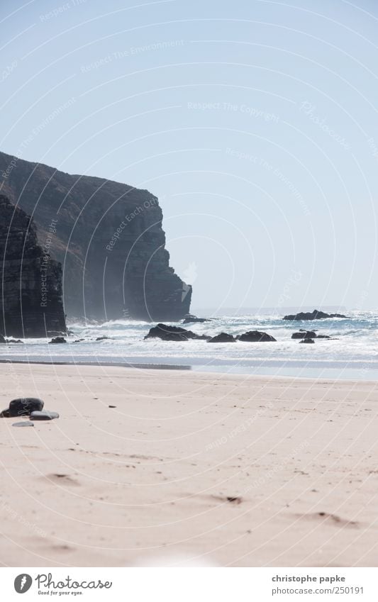 Three elements Vacation & Travel Summer Summer vacation Beach Ocean Waves Sand Sky Cloudless sky Beautiful weather Rock Coast Bay Portugal Algarve Deserted