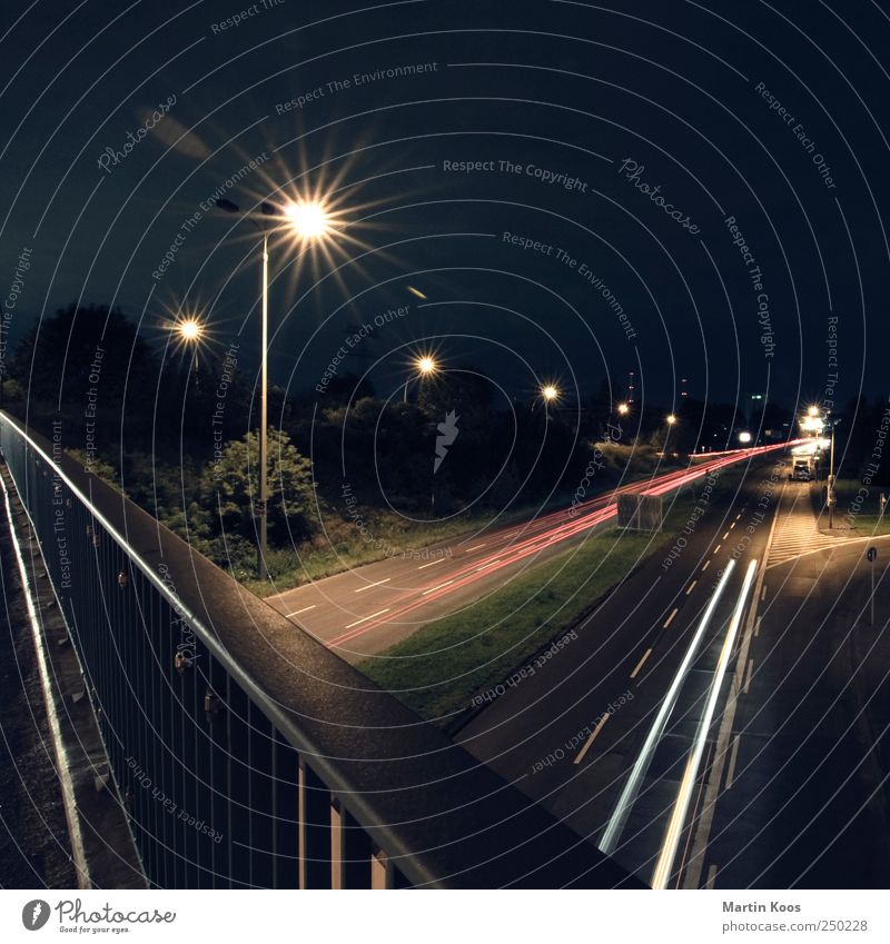 midnight blues Transport Road traffic Motoring Street Crossroads Highway Bridge Dark Speed Traffic lane Bridge railing Colour photo Subdued colour Exterior shot