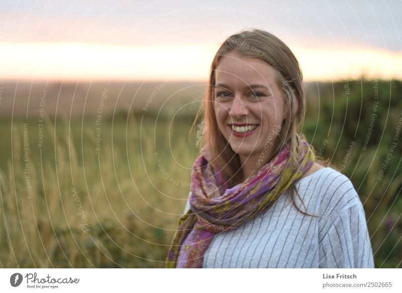 Pretty young woman smiling at sunset. Beautiful Vacation & Travel Woman Adults 1 Human being 18 - 30 years Youth (Young adults) Nature Beautiful weather Bushes