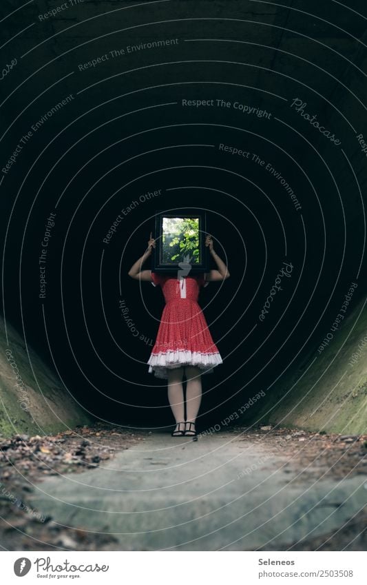 Mirror Mirror in the hand Human being Feminine Woman Adults 1 Tree Leaf Bridge Tunnel Dress Mirror image Creepy Colour photo Exterior shot Full-length