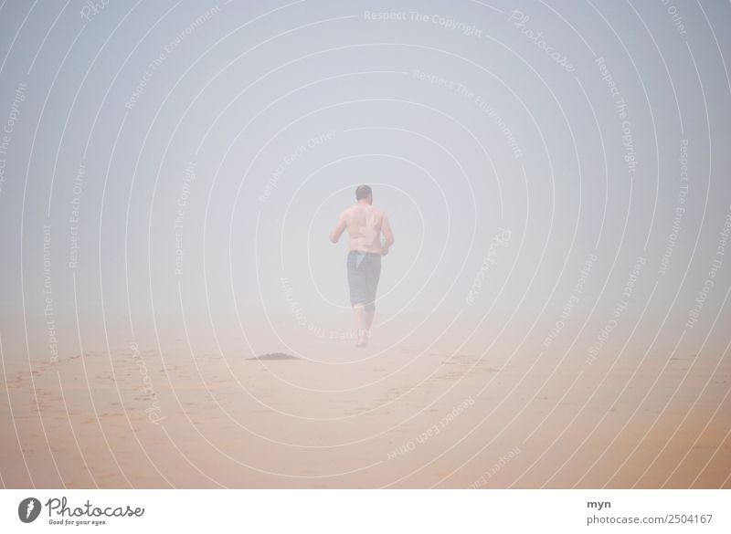 Alone in the fog Vacation & Travel Summer Summer vacation Beach Ocean Hiking Masculine Man Adults 1 Human being Nature Landscape Sand Water Climate Weather