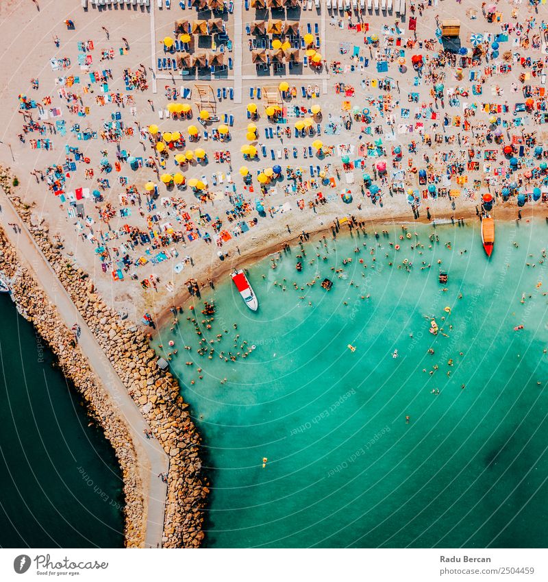 Aerial Drone View Of People Having Fun And Relaxing On Costinesti Beach In Romania At The Black Sea Aircraft Vantage point Sand Background picture Water Above