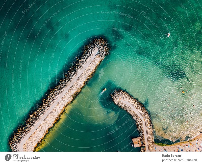 Aerial Drone View Of Concrete Pier On Turquoise Water At The Black Sea Ocean Rock Beach Break water Background picture Blue Stone Nature Vacation & Travel