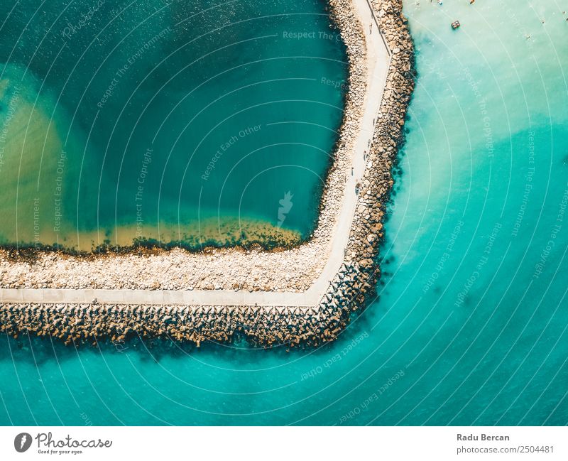 Aerial Drone View Of Concrete Pier On Turquoise Water At The Black Sea Ocean Rock Beach Break water Background picture Blue Stone Nature Vacation & Travel