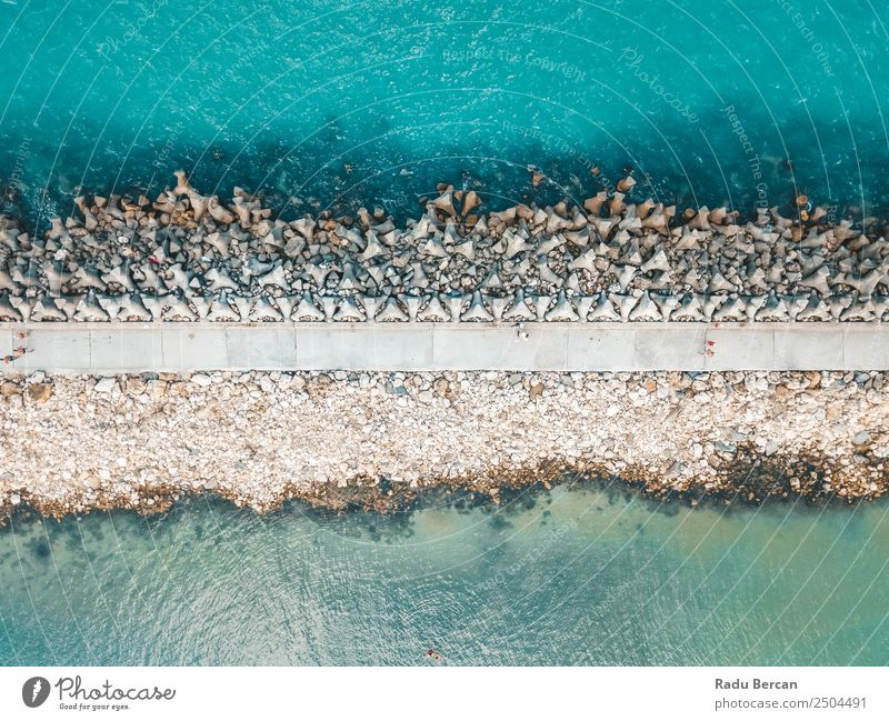 Aerial Drone View Of Concrete Pier On Turquoise Water At The Black Sea Ocean Rock Beach Break water Background picture Blue Stone Nature Vacation & Travel