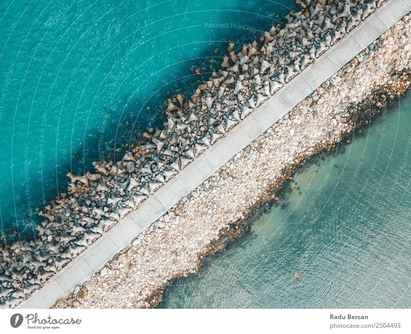 Aerial Drone View Of Concrete Pier On Turquoise Water At The Black Sea Ocean Rock Beach Break water Background picture Blue Stone Nature Vacation & Travel