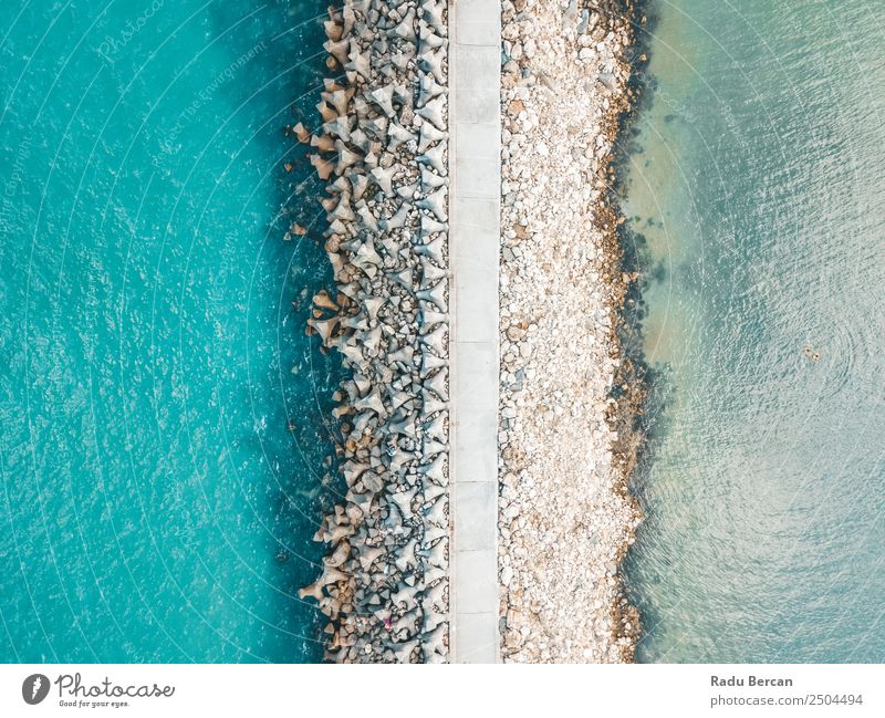 Aerial Drone View Of Concrete Pier On Turquoise Water At The Black Sea Ocean Rock Beach Break water Background picture Blue Stone Nature Vacation & Travel