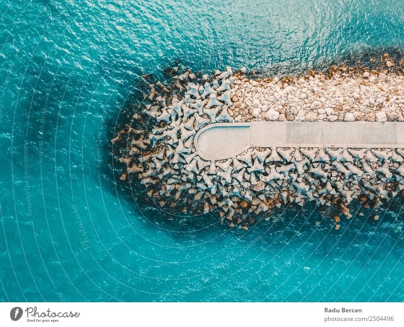 Aerial Drone View Of Concrete Pier On Turquoise Water At The Black Sea Ocean Rock Beach Break water Background picture Blue Stone Nature Vacation & Travel