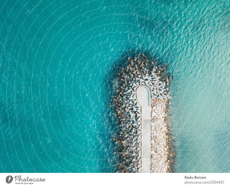 Aerial Drone View Of Concrete Pier On Turquoise Water At The Black Sea Ocean Rock Beach Break water Background picture Blue Stone Nature Vacation & Travel