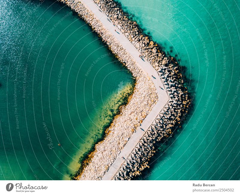 Aerial Drone View Of Concrete Pier On Turquoise Water At The Black Sea Ocean Rock Beach Break water Background picture Blue Stone Nature Vacation & Travel