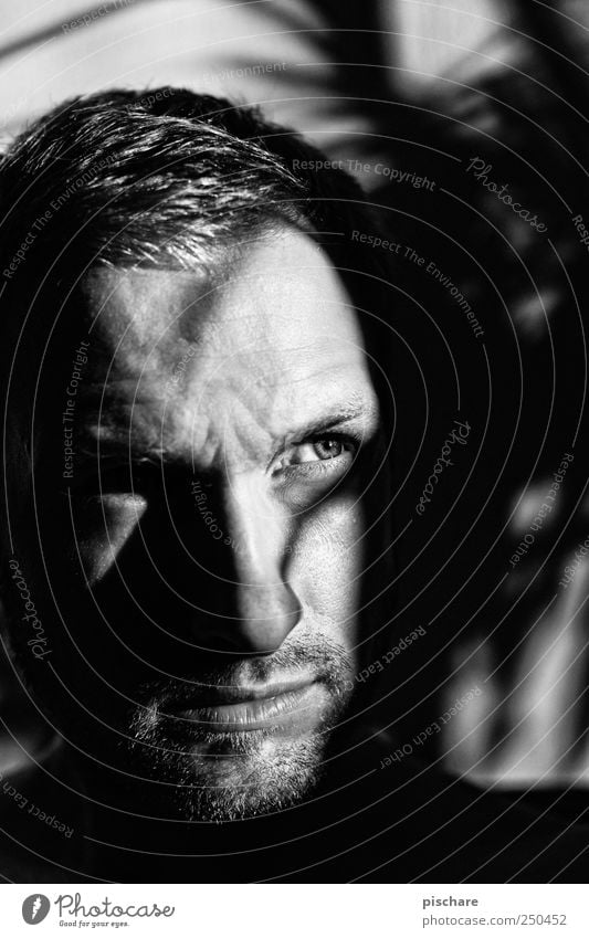 PARANOIA Masculine Man Adults Face 30 - 45 years Blonde Short-haired Facial hair Designer stubble Observe Dark Mistrust Shadow Black & white photo Interior shot