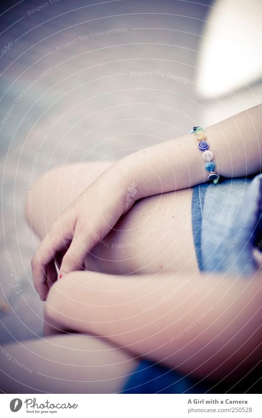 rest Human being Girl Young woman Youth (Young adults) Arm 1 Wait Break Necklace Jewellery Sit Summer Subdued colour Exterior shot Detail Experimental