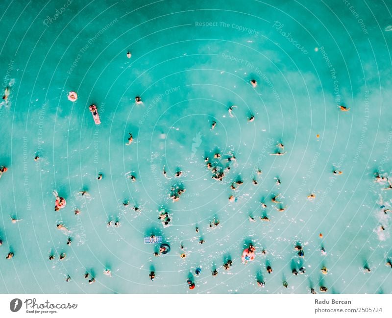 Aerial Summer View Of Clear Ocean Water Full Of Tourists Beach Vantage point Aircraft Top Human being Above Vacation & Travel crowd Background picture Blue