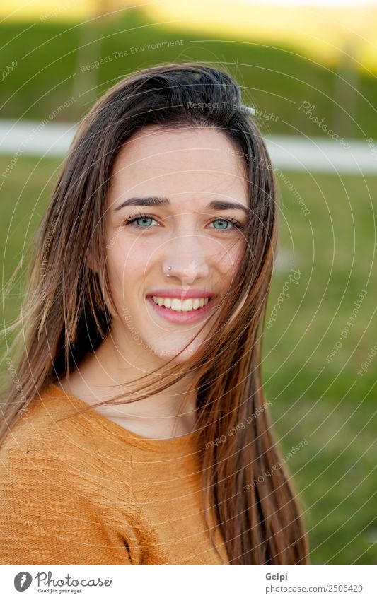 Outdoor portrait of beautiful happy teenager girl Happy Beautiful Sun Human being Woman Adults Youth (Young adults) Nature Wind Grass Park Meadow Fashion